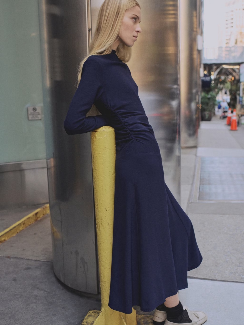 MANGO NWT Navy Asymmetrical Draped Midi Dress Size 8